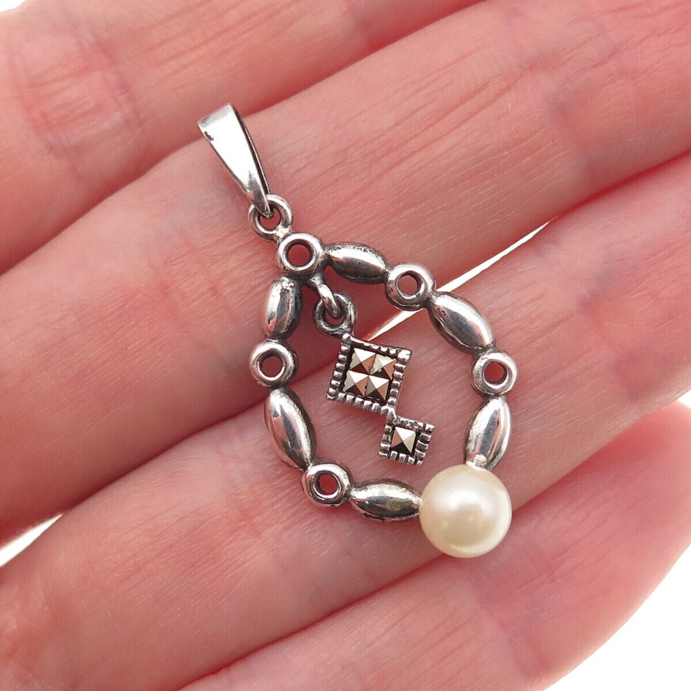 925 Sterling Silver Vintage Real Pearl & Marcasite Oxidized Charm Pendant